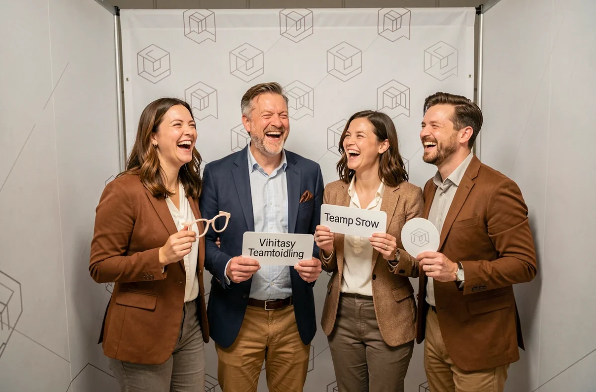 Groupe de collègues posant avec accessoires dans une borne photo lors d'un team building en entreprise