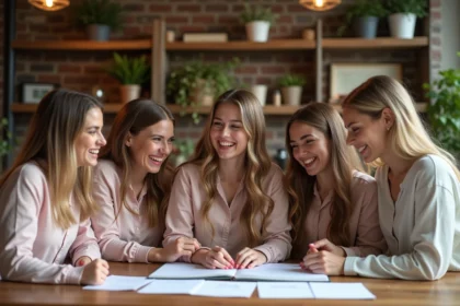 Groupe de femmes rieuses préparant un scrapbook dans un intérieur chaleureux