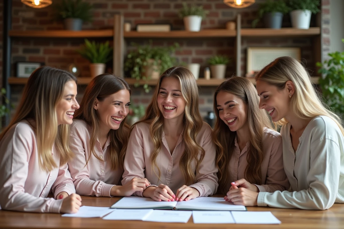 Groupe de femmes rieuses préparant un scrapbook dans un intérieur chaleureux