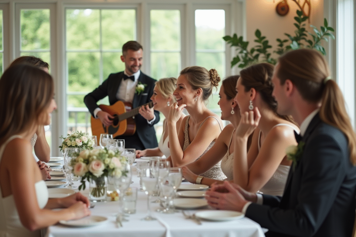 Groupe d'invités élégants lors d'un mariage en salle lumineuse