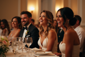 Groupe d'adultes en tenue de mariage lors d'un jeu convivial