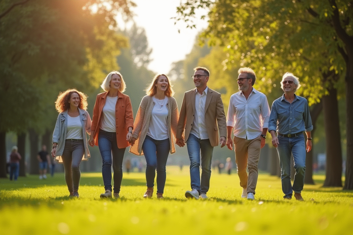 Groupe de personnes souriantes dans un parc urbain ensoleille