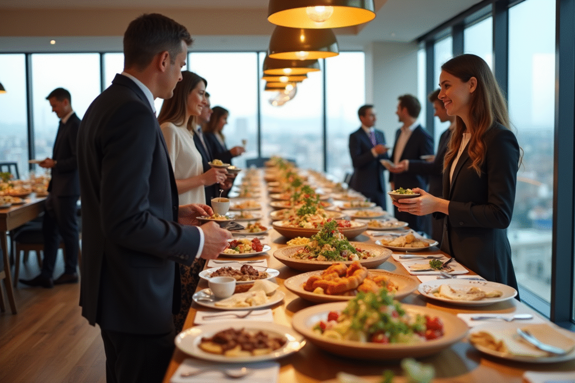 Groupe d'adultes et adolescents autour d'un buffet convivial