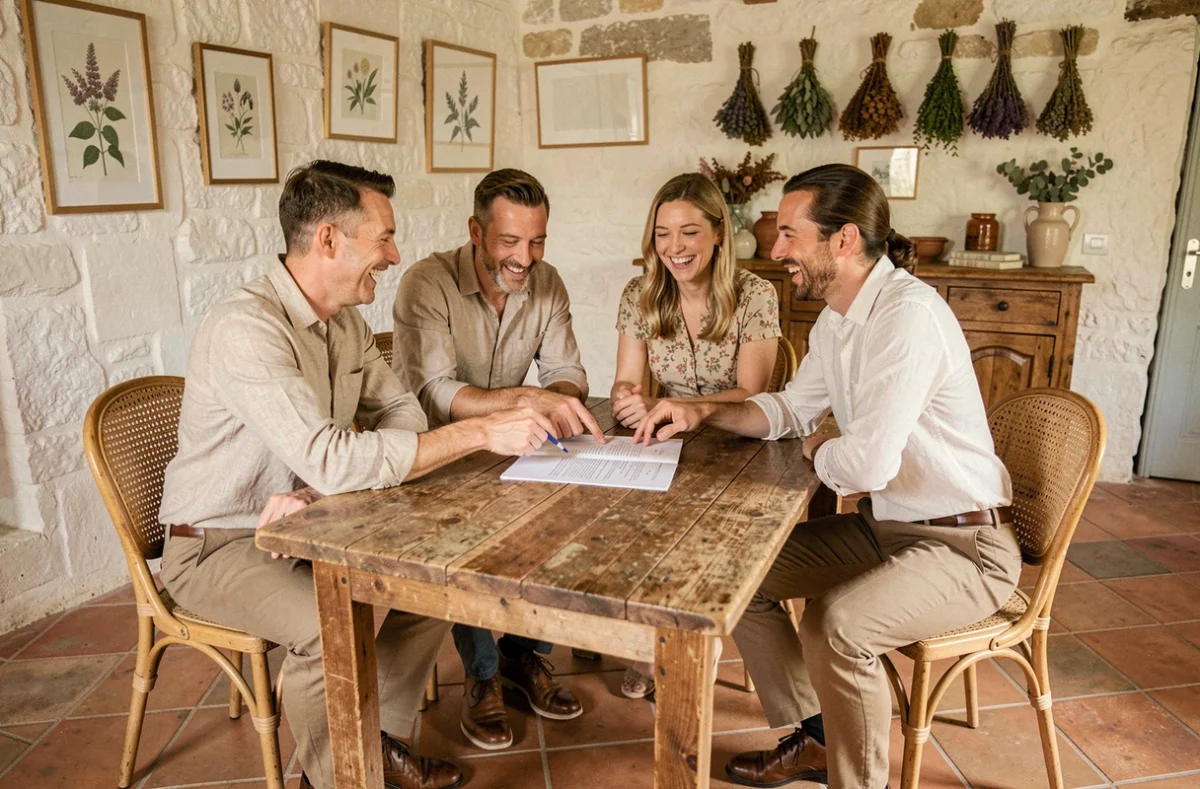 Groupe de quatre témoins de mariage discutant des documents officiels après la cérémonie civile