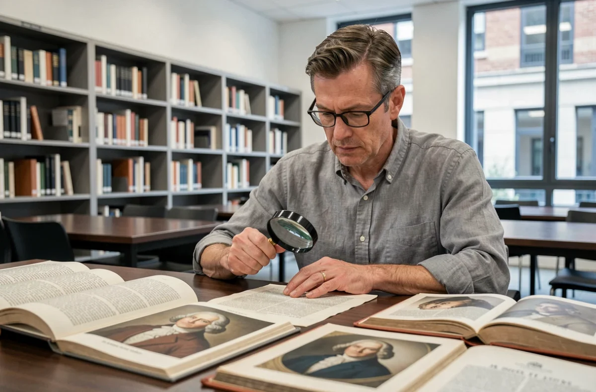 Historien consultant des reproductions de documents historiques sur l'épouse de Louis XIV dans une bibliothèque universitaire contemporaine