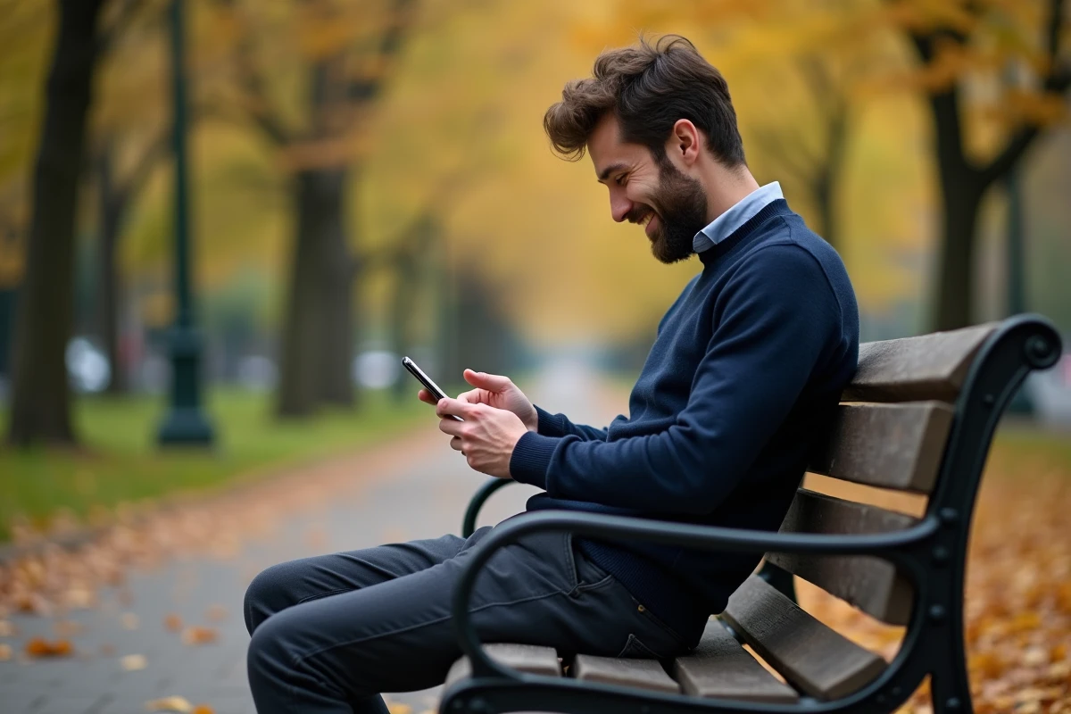 Homme souriant utilisant Bumble Date sur son téléphone dans un parc en automne pour trouver une relation sérieuse