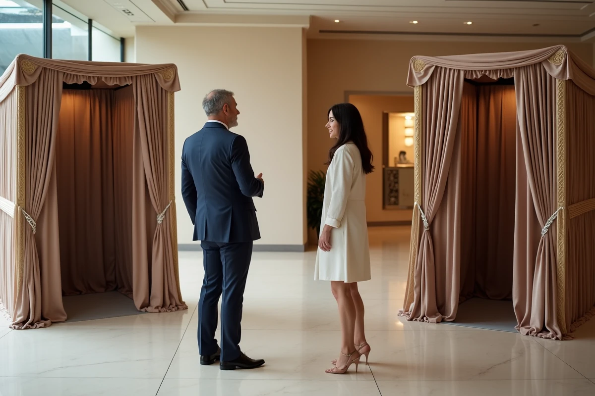 Un homme et une coordinatrice examinent deux types de photobooths