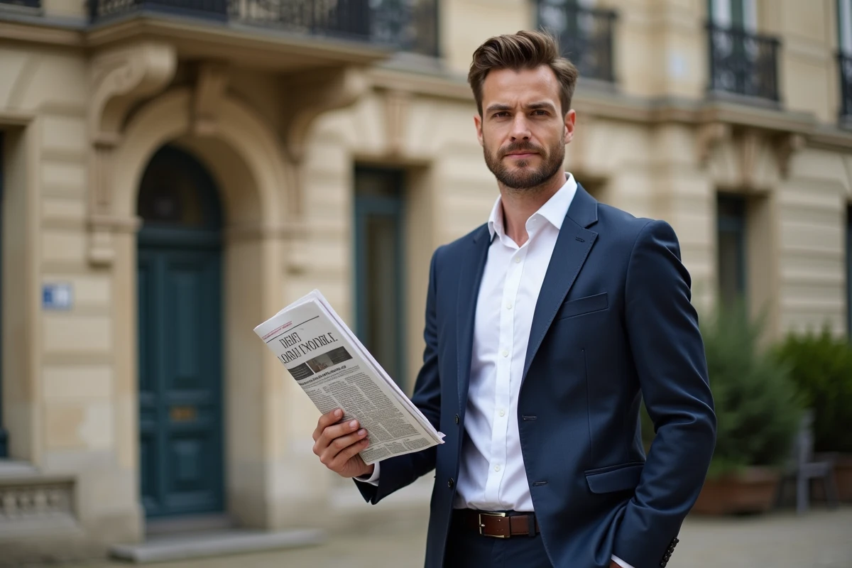 Homme en costume cravate devant un bâtiment parisien