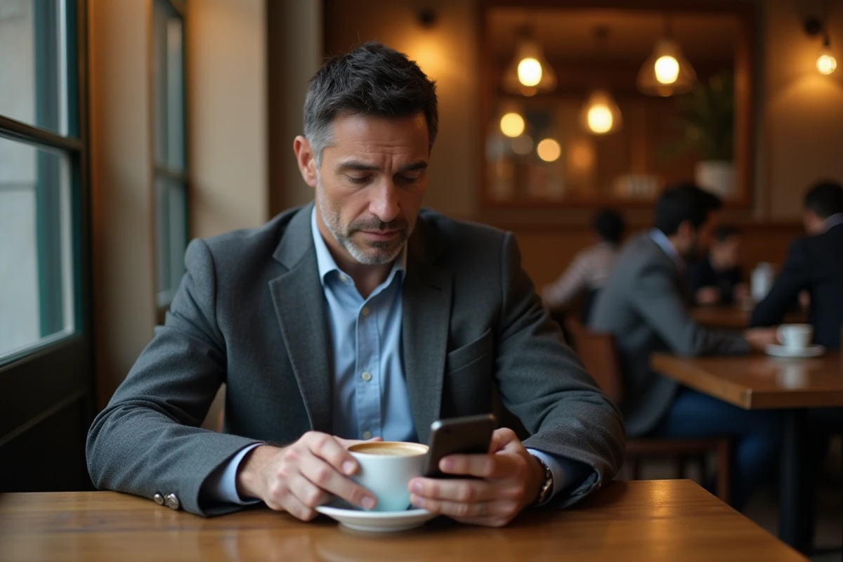Homme discret attablé seul dans un café parisien, smartphone retourné, atmosphère de vie privée préservée
