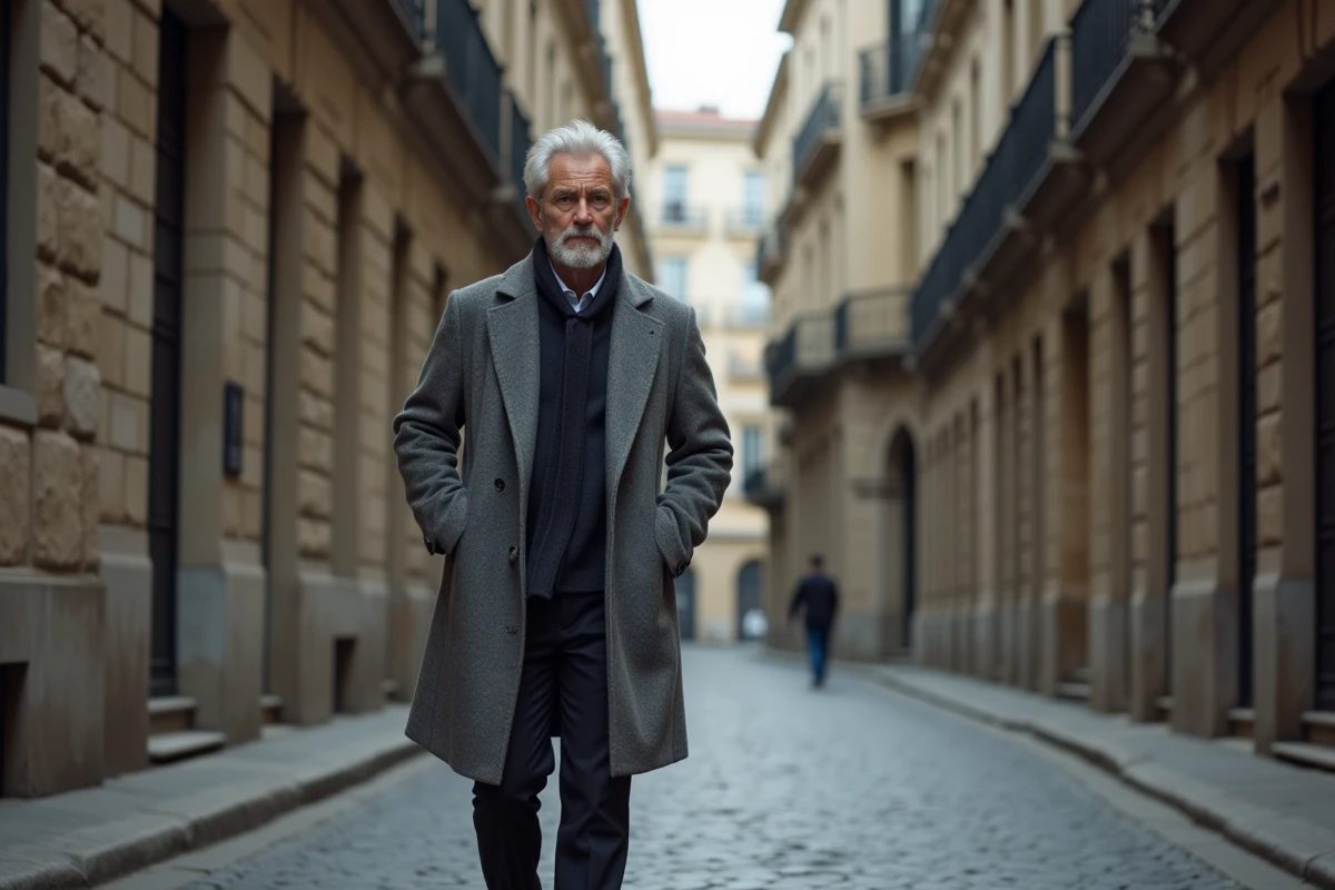 Homme distingué en manteau gris marchant sur une rue pavée européenne, photographie candide de style reportage