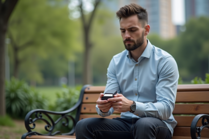 Homme nerveux avec boîte à bijoux dans un parc urbain