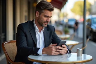 Homme élégant dans un café parisien regardant son smartphone