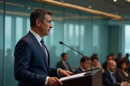 Homme politique en costume marine prenant la parole devant un micro lors d'une conférence publique