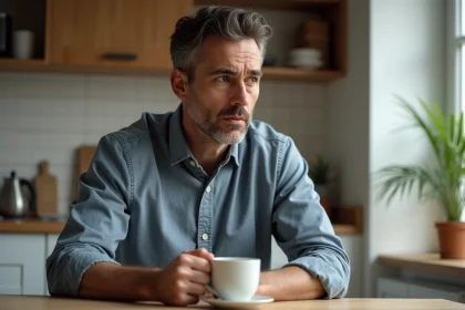 Homme d'âge moyen pensif avec tasse de café dans la cuisine