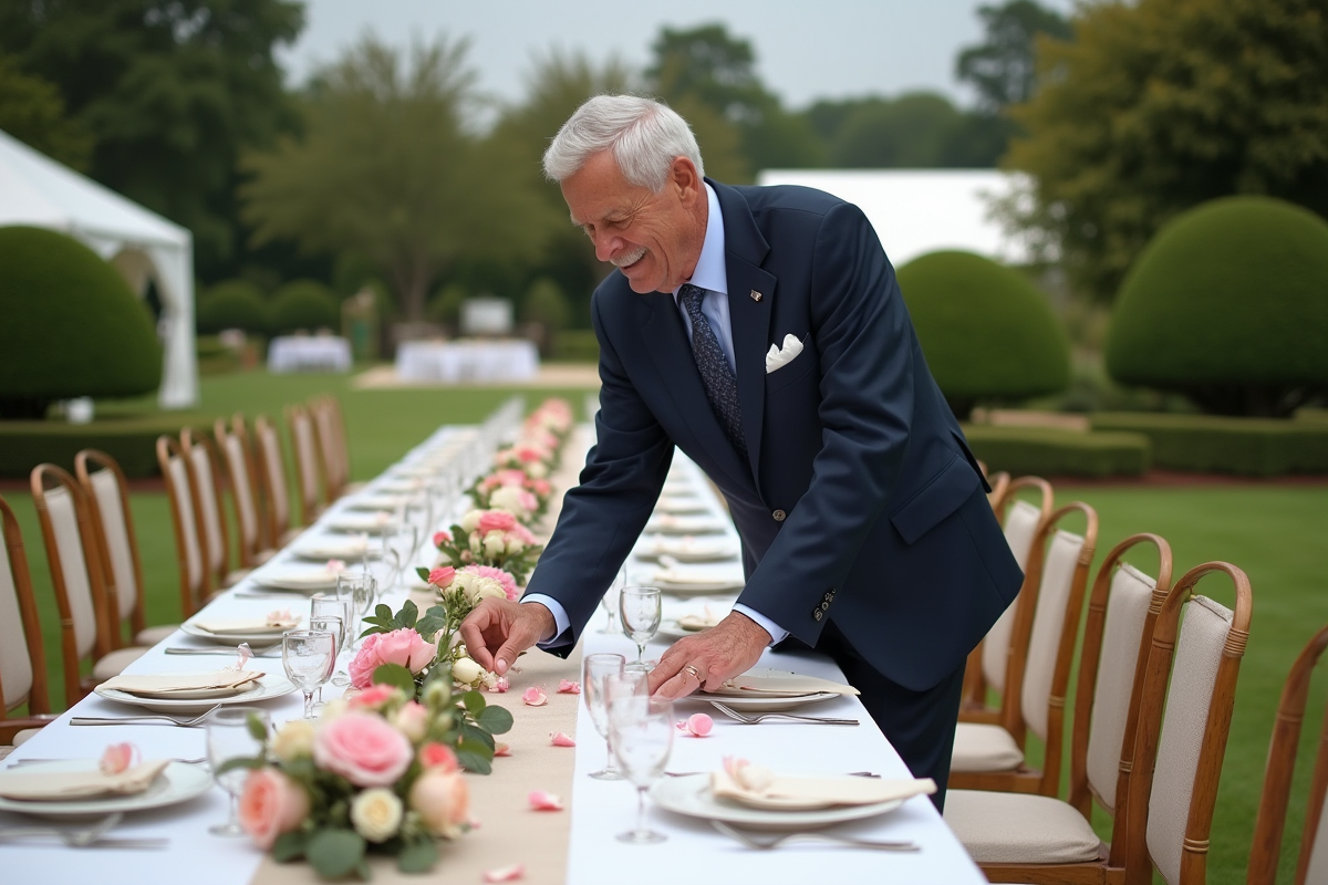 Homme âgé dispersant des roses sur une table de mariage en extérieur