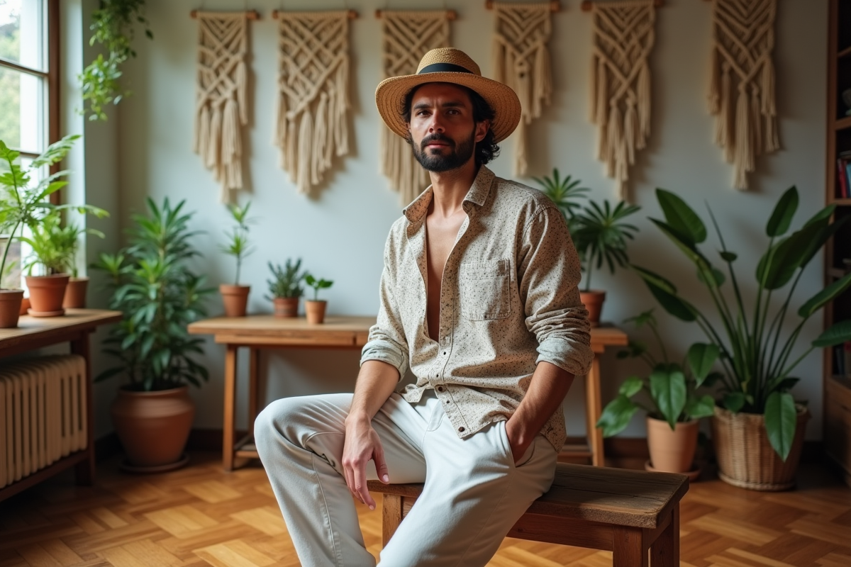 Homme en tenue décontractée dans un studio lumineux