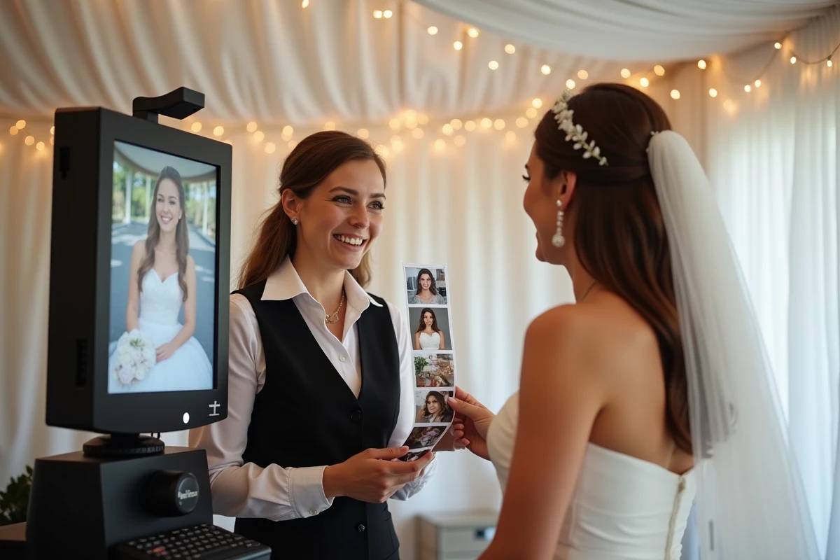 Hôtesse de photobooth remettant un tirage photo à une mariée lors d'un événement de mariage