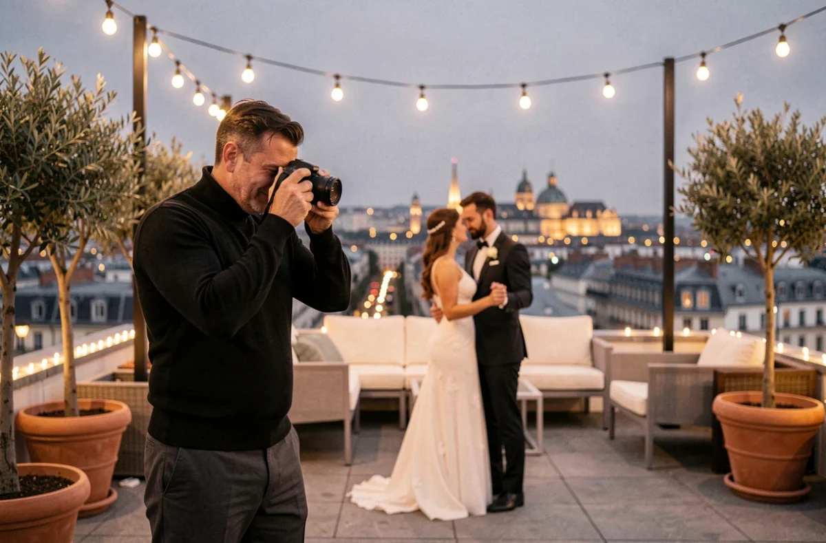 ILB Photographe de mariage capturant la première danse sur une terrasse panoramique à Lyon