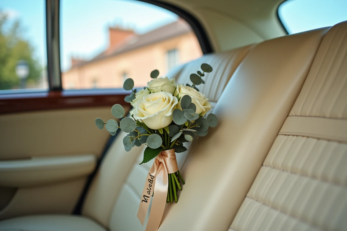 Intérieur élégant d'une voiture de mariage louée à Toulouse avec bouquet de roses blanches et cuir crème