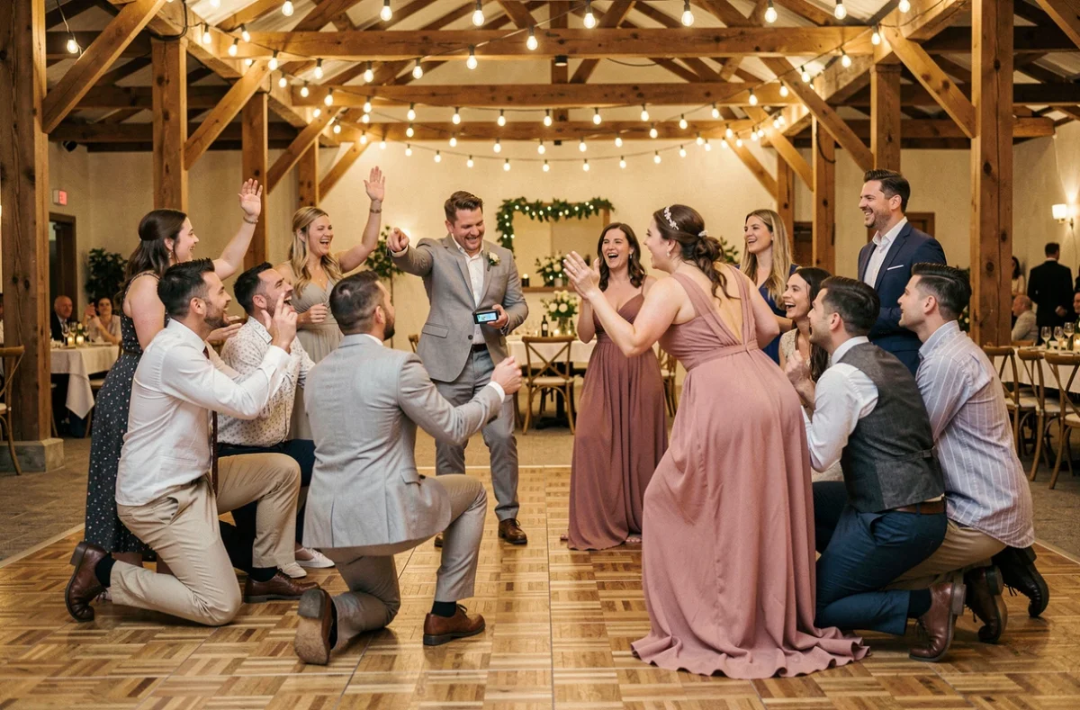 Invités de mariage participent avec enthousiasme à un jeu collectif sur la piste de danse lors de la soirée