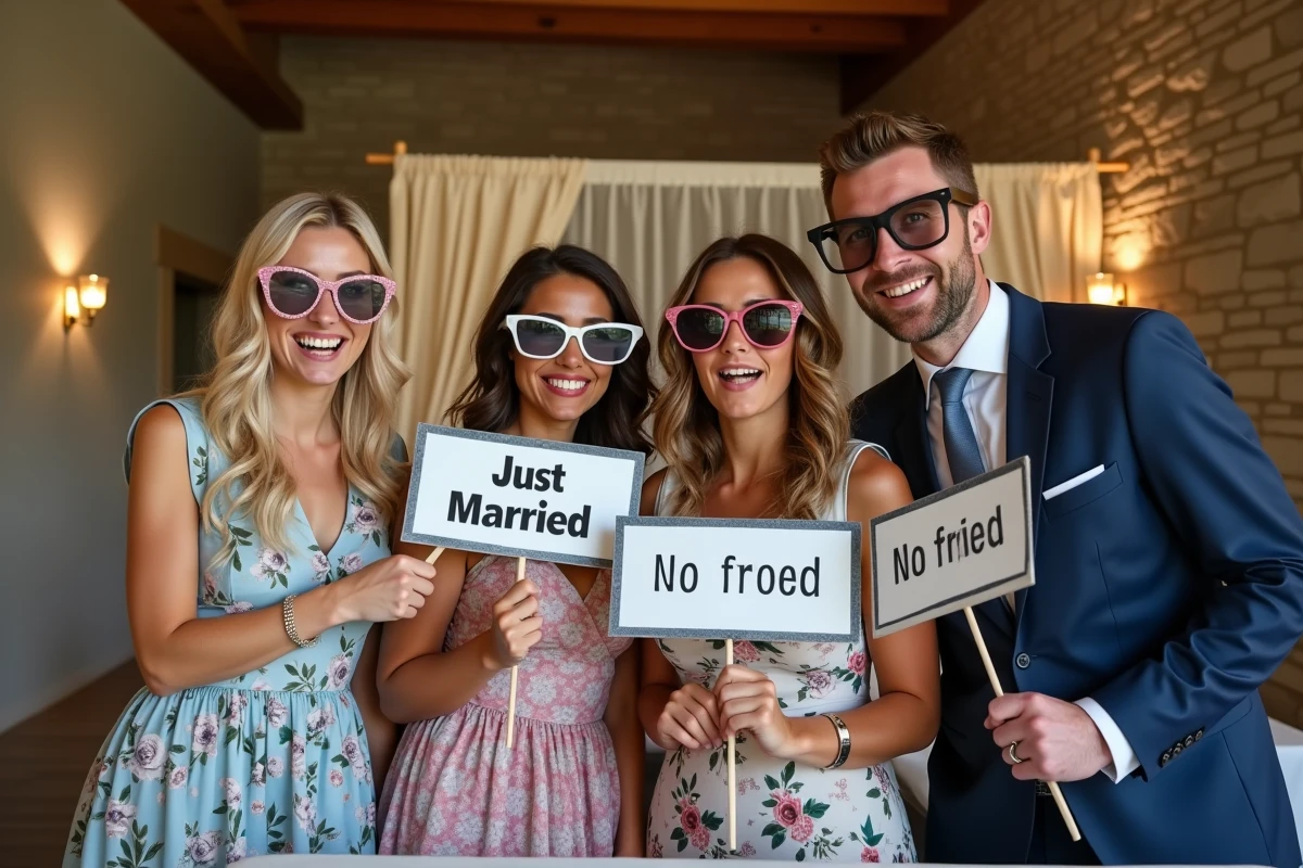 Groupe d'invités de mariage posant avec des accessoires amusants dans un photobooth de château