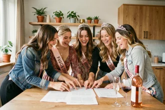 Groupe d'amies riant autour d'un jeu EVJF imprimé sur papier lors d'une soirée enterrement de vie de jeune fille de dernière minute