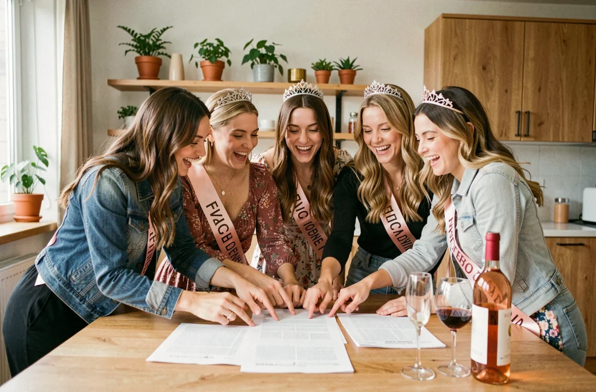 Groupe d'amies riant autour d'un jeu EVJF imprimé sur papier lors d'une soirée enterrement de vie de jeune fille de dernière minute