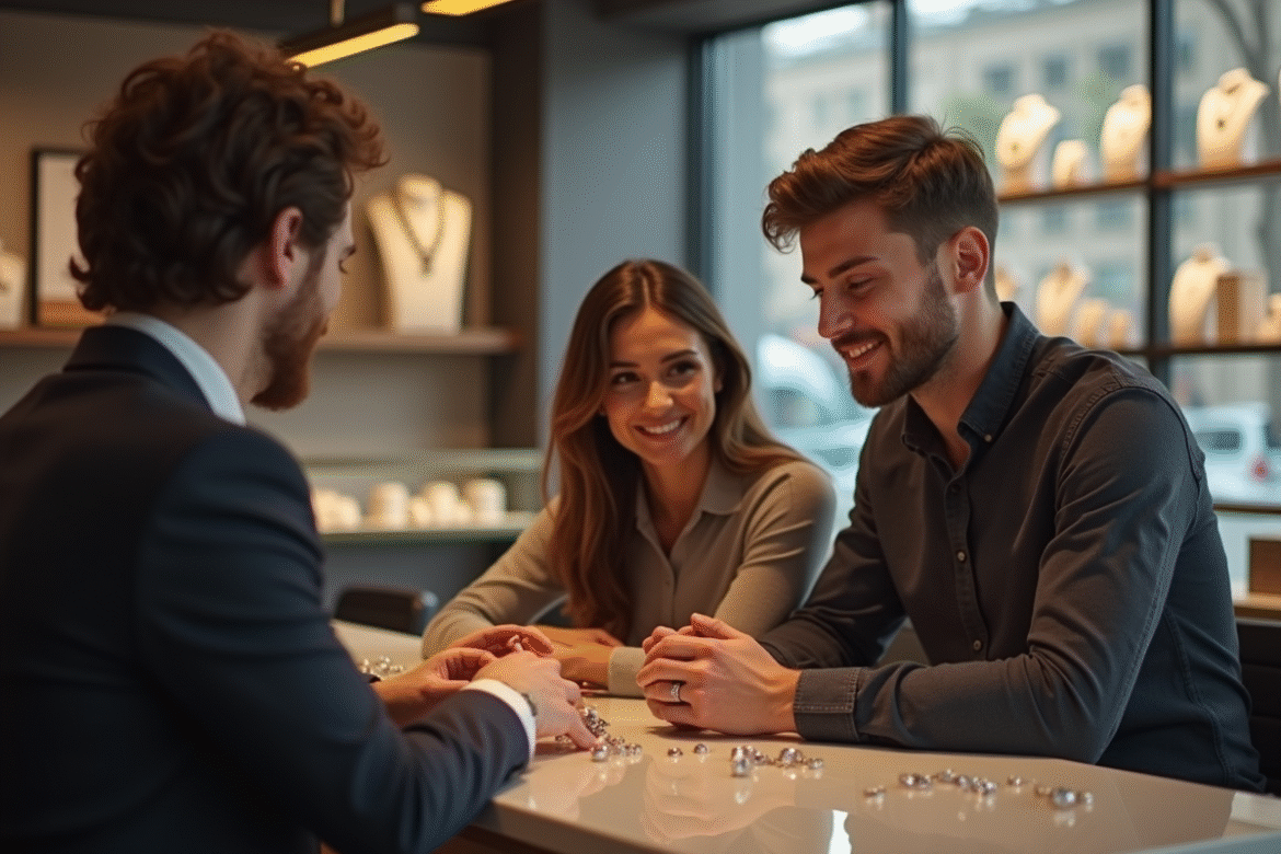 Jeune couple discutant alliances dans une bijouterie lumineuse
