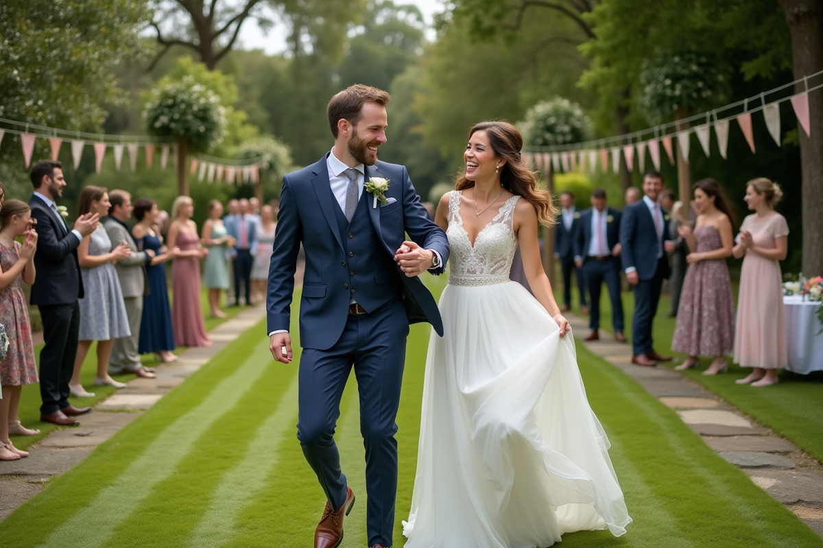 Jeune couple de mariés dansant dans un jardin en fête