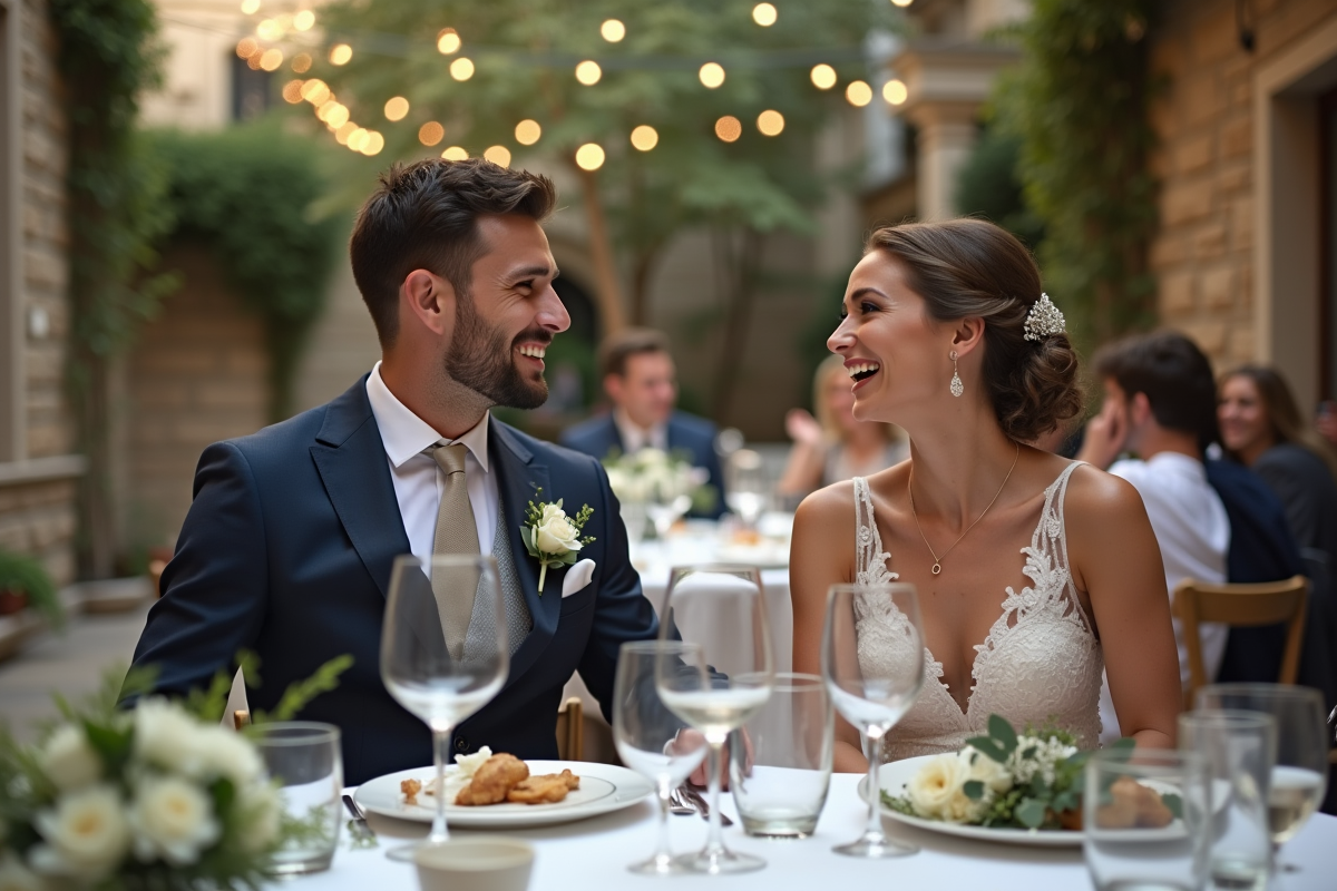 Jeune couple souriant lors du dîner de mariage en extérieur