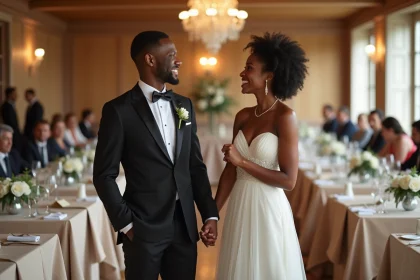 Jeune couple interracial lors d'un mariage élégant