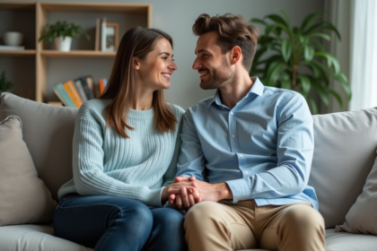 Jeune couple assis sur un canapé dans un salon cosy