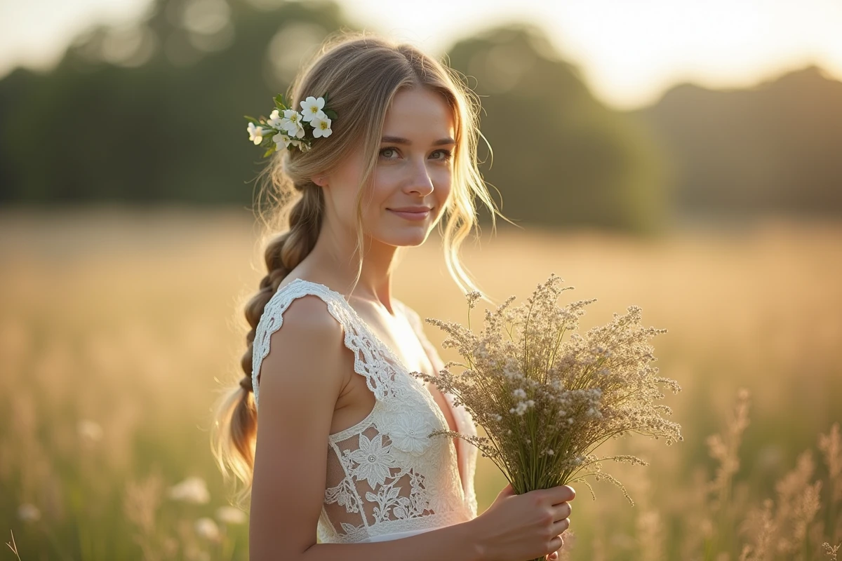 Jeune femme en robe de mariage bohème dans un champ de fleurs