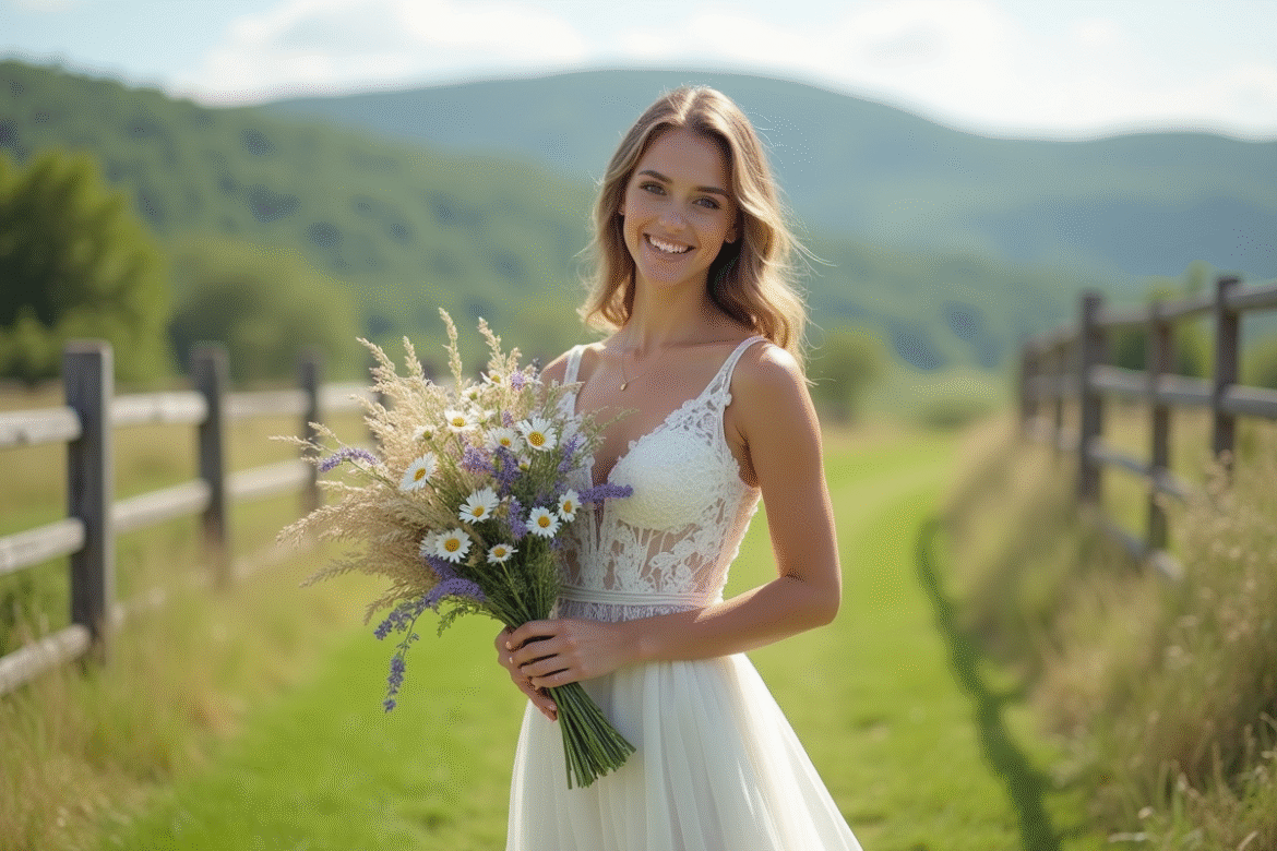 Jeune femme en robe de mariée dans un champ naturel
