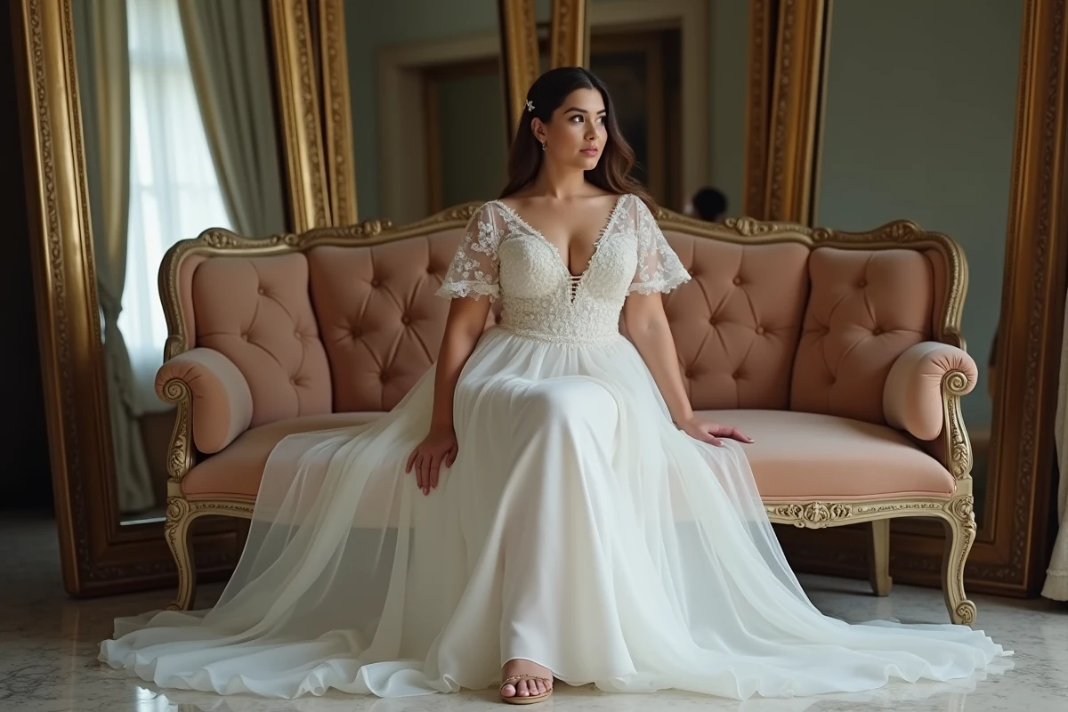 Bride confiante en robe chic assise dans un intérieur élégant
