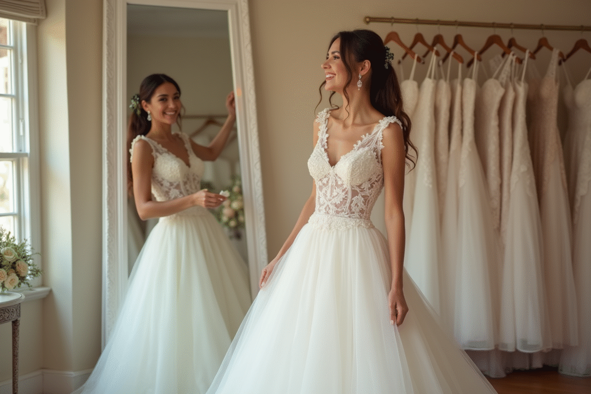 Femme joyeuse ajustant sa robe de mariée en dentelle