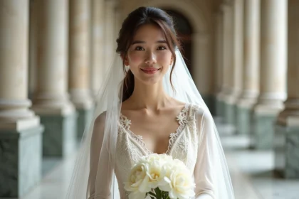 Jeune femme en robe ivoire élégante dans une mairie