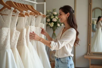 Jeune femme examine une robe de mariage élégante dans une boutique chic