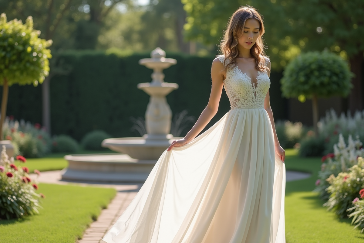 Jeune mariée dans un jardin avec robe fluide et fleurs