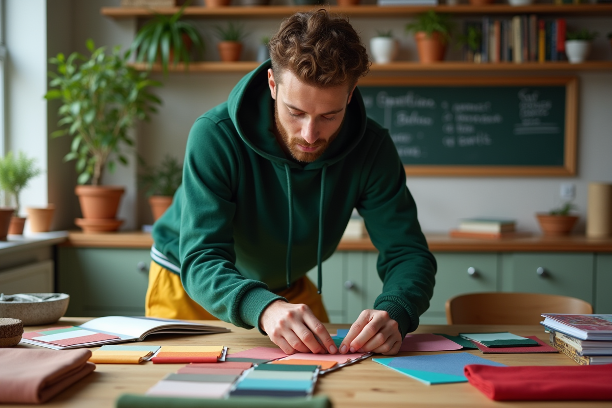 Jeune homme créatif triant des échantillons de tissus colorés