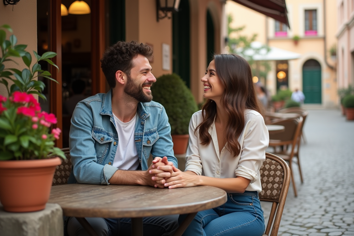 Jeune couple marié riant au café en village européen
