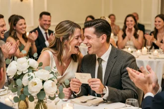 Mariés riant pendant un jeu de soirée lors de leur réception de mariage, entourés de leurs invités souriants