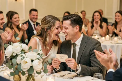 Mariés riant pendant un jeu de soirée lors de leur réception de mariage, entourés de leurs invités souriants