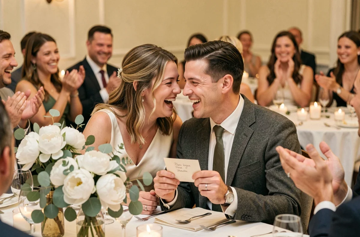 Mariés riant pendant un jeu de soirée lors de leur réception de mariage, entourés de leurs invités souriants