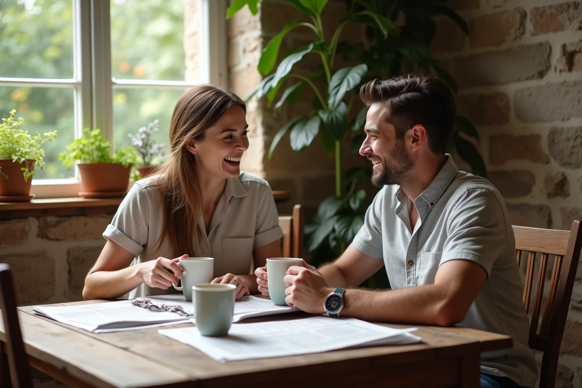 Un couple partageant un moment de complicité au petit-déjeuner dans un appartement parisien, évoquant l'équilibre entre vie de couple et carrière artistique internationale