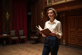 Soprano Julie Fuchs dans les coulisses d'un opéra, tenant sa partition avec élégance, illustrant sa carrière internationale de chanteuse lyrique