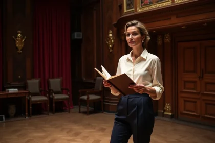 Soprano Julie Fuchs dans les coulisses d'un opéra, tenant sa partition avec élégance, illustrant sa carrière internationale de chanteuse lyrique