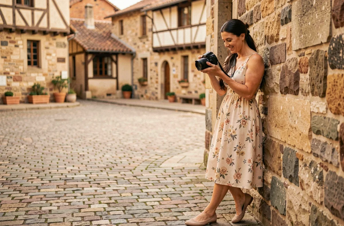 Karine Tosi consultant ses photos sur son appareil dans une place de village en Bourgogne entre deux prises de vue