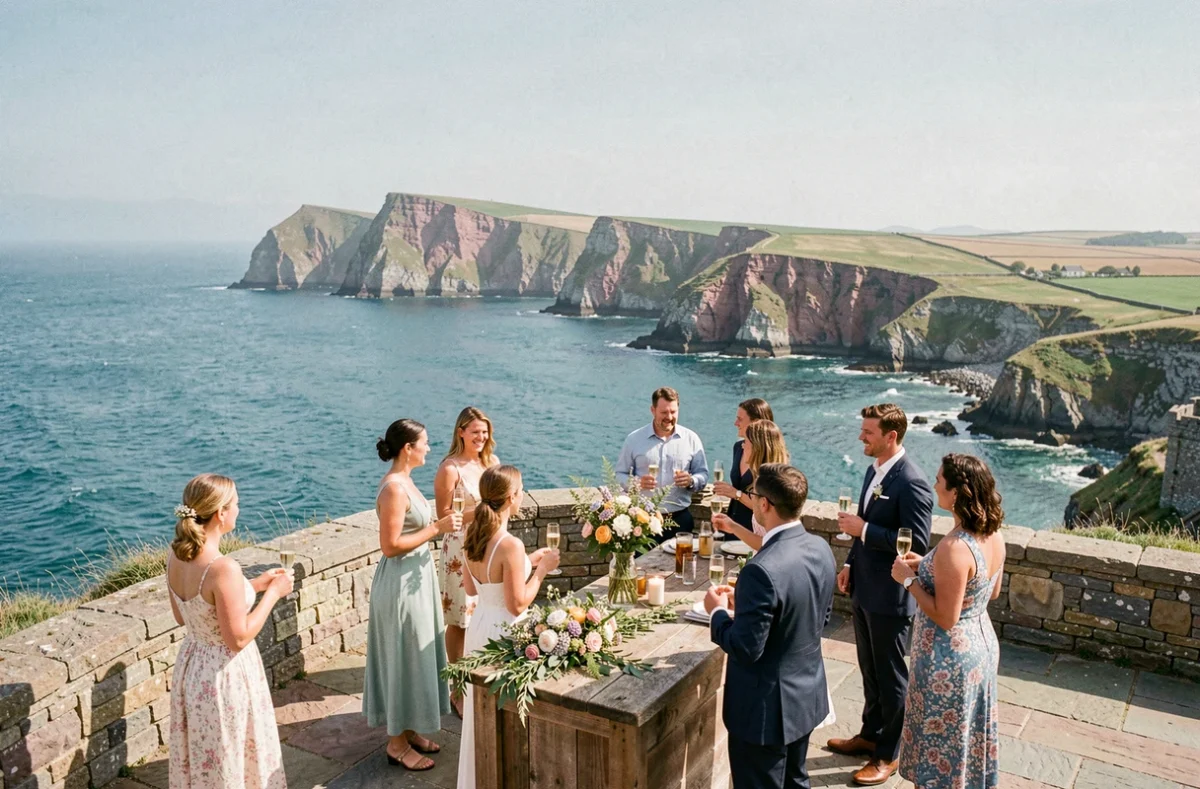 Lieu de réception en plein air près d'Erquy avec une terrasse en granit rose surplombant la baie turquoise, des invités au cocktail et un décor champêtre marin