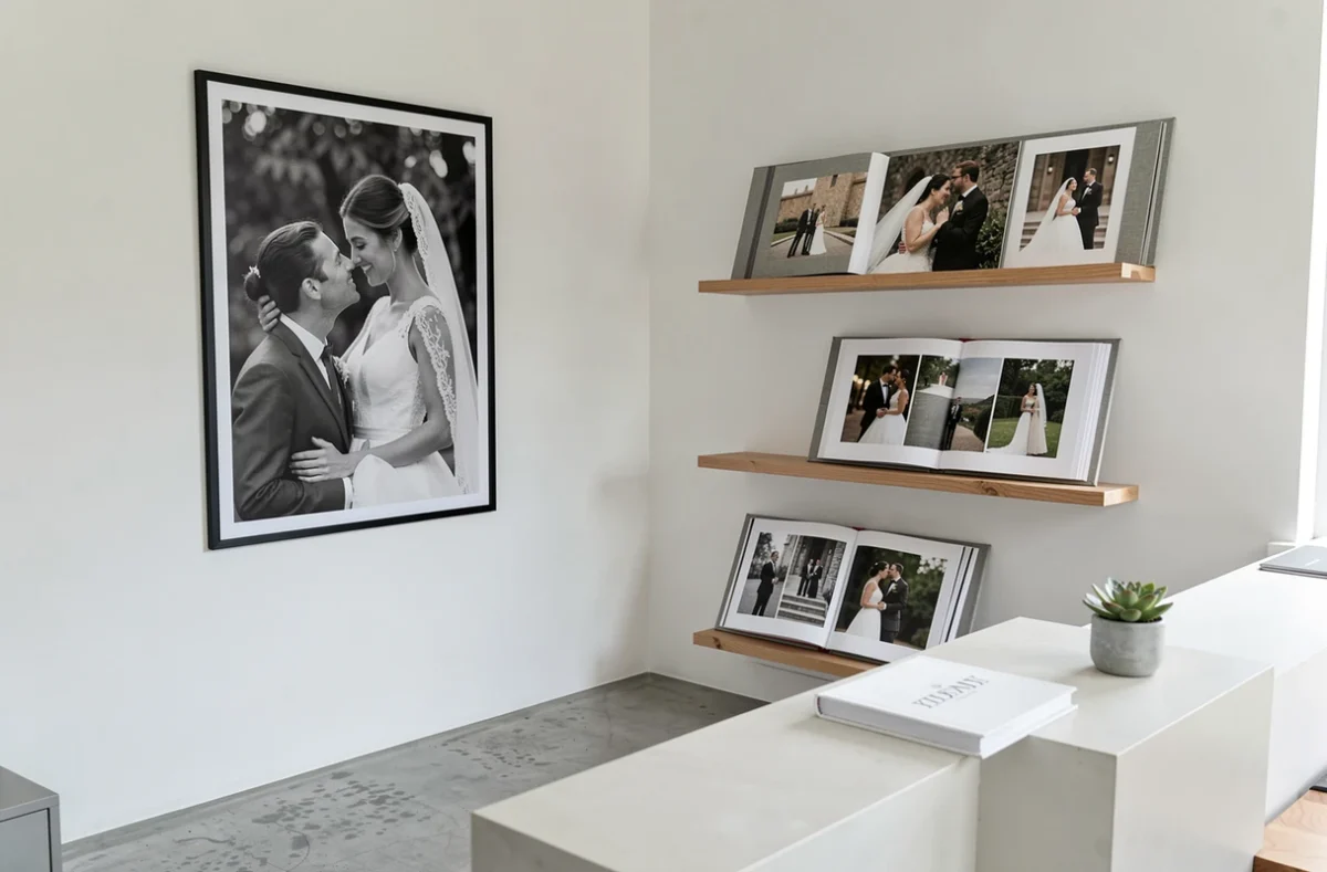 Studio Luminaute photographe de mariage avec albums et tirages exposés à Lyon